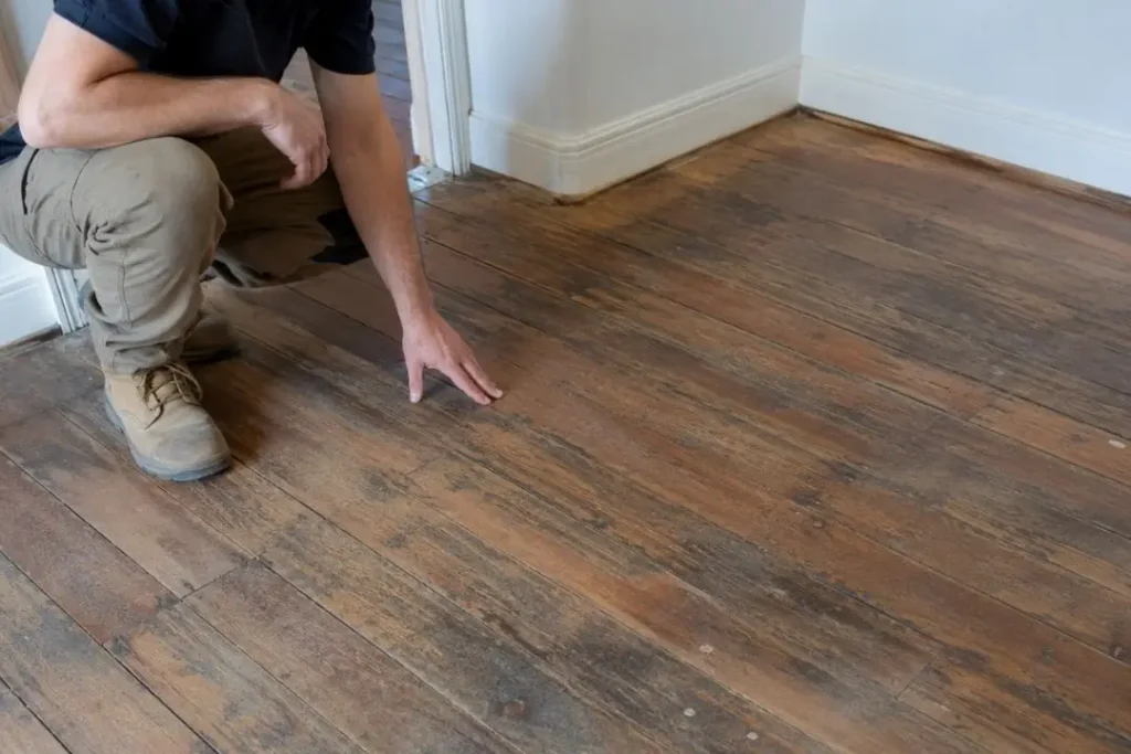 contractor looking at timber flooring