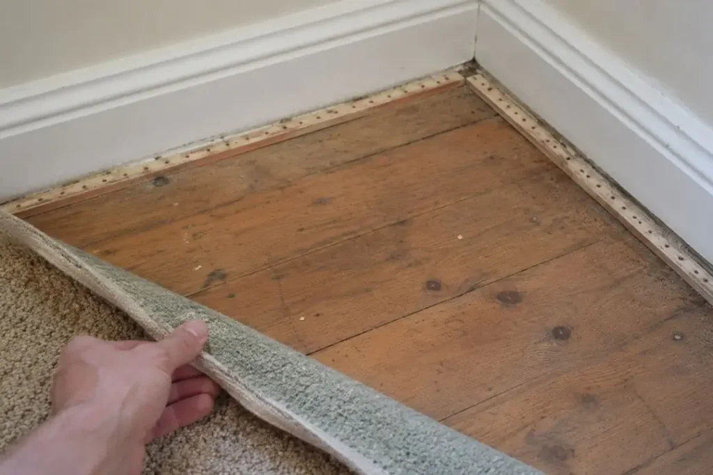 pulling back carpet to reveal timber floors